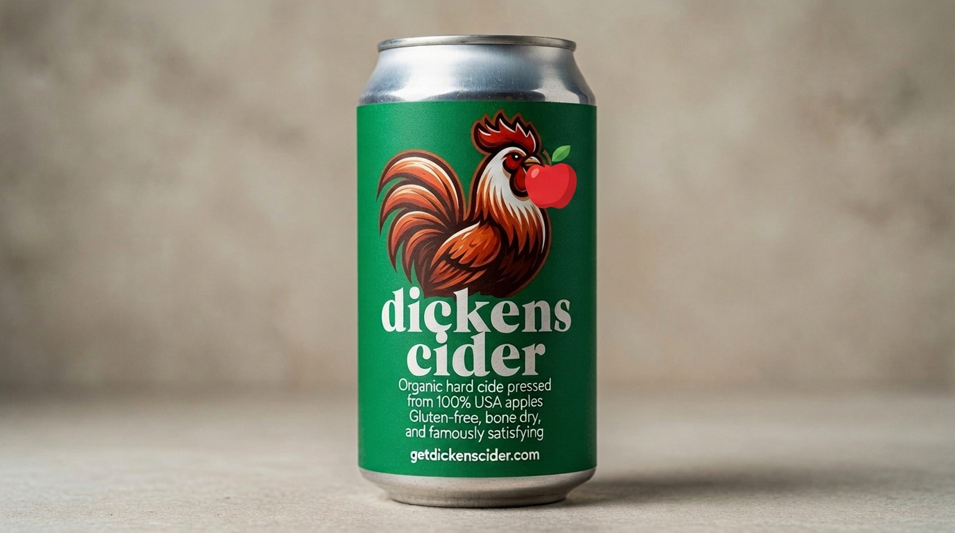 Can of Dickens Cider — The Dry, featuring a rooster holding an apple