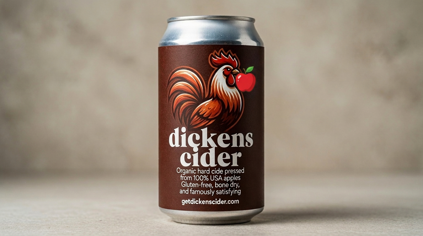Rotating can of Dickens Cider — The Ultra Dry, featuring a rooster holding an apple